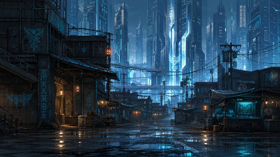 Distrito Baixo — rua urbana de 2147 em tons frios de azul e neon ciano